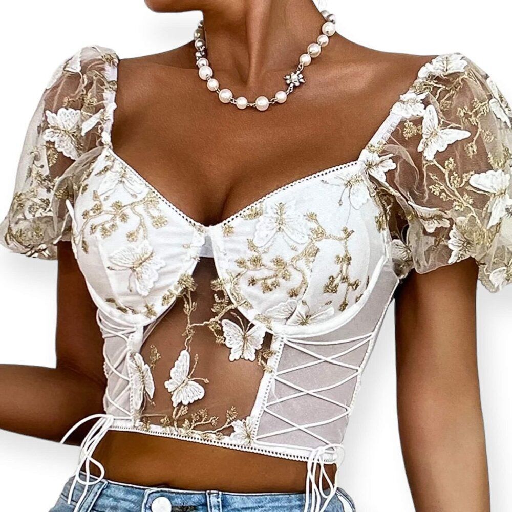 White Lace Mesh Floral Embroidered Corset Bustier Top - NWT - Picture 3 of 4